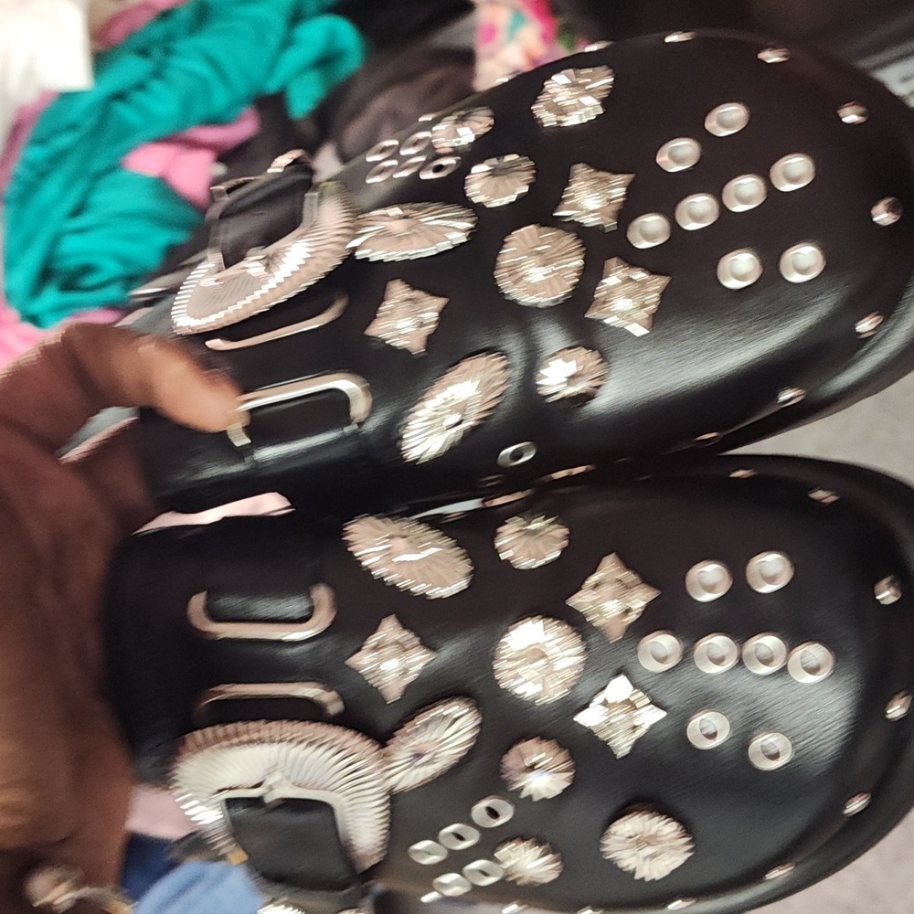 Black Studded Slip-On Clogs with Silver Embellishments
